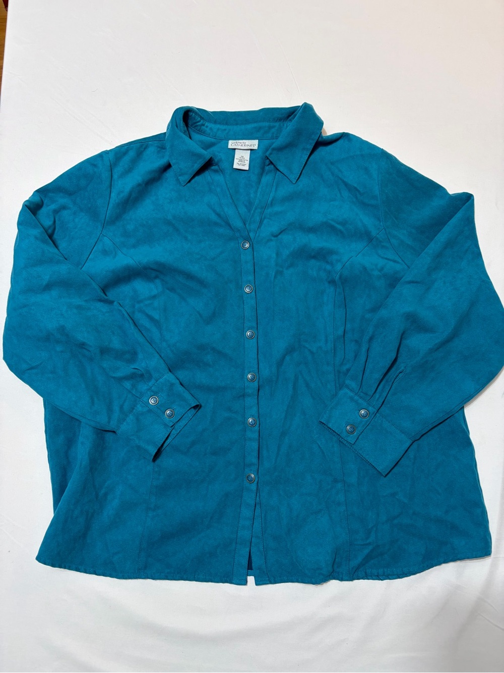 Liz & Me Catherines Faux Suede Button Down Shirt Womens 1X Teal Long Sleeve Fall